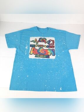 “Live Love Accept Autism Awareness” Size XL Blue Bleached Graphic T Shirt
